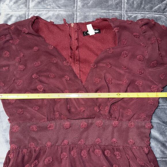 Speechless Dress Burgundy Size 7 Y2K Vibe Swiss Polka Dot Sheer sleeves Ruffles - Picture 9 of 12